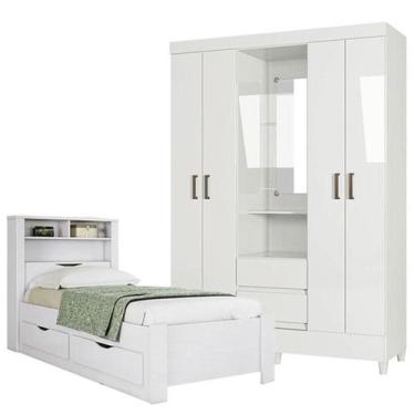 Imagem de Cama Solteiro com Gavetas Invicta com Guarda Roupa Fit Capelinha Branc