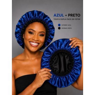 Imagem de Touca de Cetim Premium Dupla Face - Azul Royal com Preto - CETIM&CIA