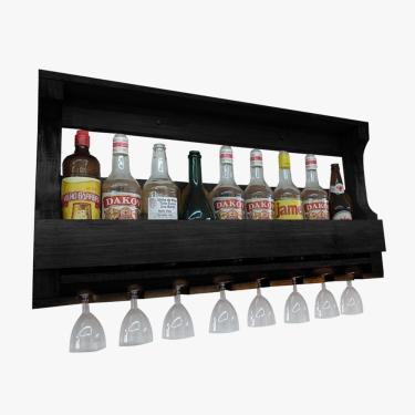 Imagem de Barzinho de parede adega para 9 garrafas E vinhos rústico preto suporte para bebidas em madeira com porta taças