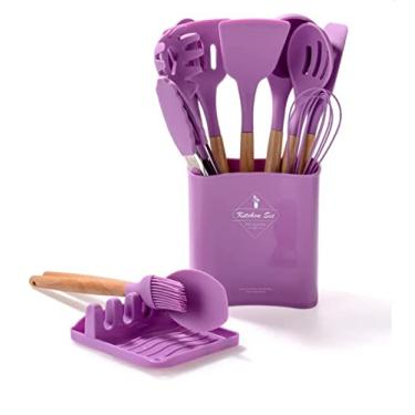 Imagem de kit Conjunto Utensílios de Cozinha 13 Pçs Silicone Cabo de Madeira (Violeta)
