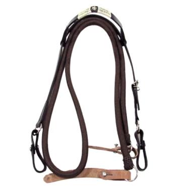 Imagem de Cabeçada Preta Rédea Marrom Para Cavalo Trançada Zamac Estrela