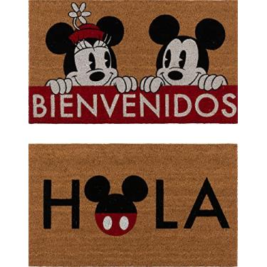 Imagem de Gertmenian 47532 Disney Mickey Mouse Capacho Retrô Clássico Tapete de Coco Tapete de Entrada Tapete de Coco, Pacote com 2 20 x 34, Conjunto Vermelho Marrom Minnie Bienvenidos Hola Espanhol