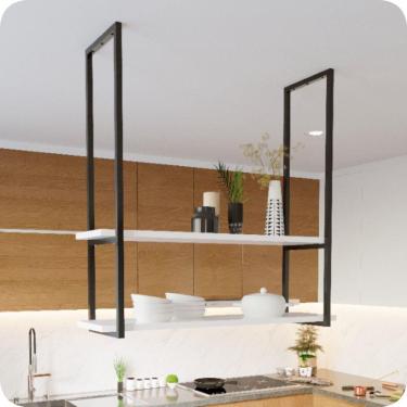 Imagem de Nicho Preto Prateleira Suspensa Teto Cozinha Branca 1.20mt