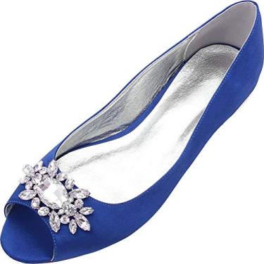 Imagem de Sapato de casamento feminino peep toe strass sem salto para noivas dama de honra, Azul, 9.5