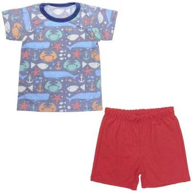 Imagem de Pijama Infantil Look Jeans Curto Fundo Do Mar - Vermelho - 03