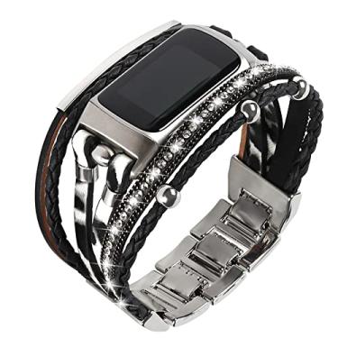 Imagem de Pulseiras femininas de couro compatíveis com Fitbit Charge 6/Charge 5, pulseiras de substituição para Charge 6/Charge 5 Fitness Tracker (preto e branco)