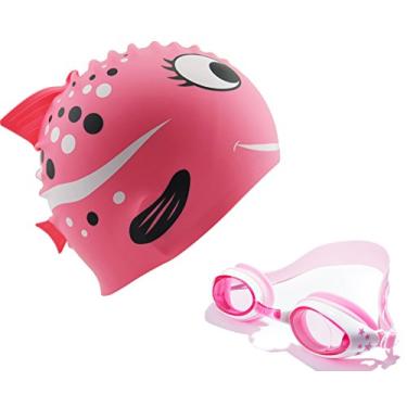 Imagem de STARTSMART Touca de natação infantil divertida de silicone para meninos e meninas - Tubarões e peixinhos da Start Smart (conjunto rosa)