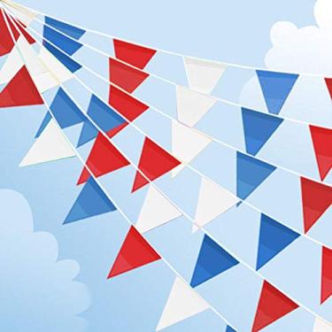 Imagem de 4 de julho Decorações de festa 4 a 4 m Vermelho Azul e Branco Triangular Tecido ao ar livre Pendente Bandeira, Tecido de poliéster Quarto de julho Bandeiras de Bandeiras de Bandeiras Decoração para o