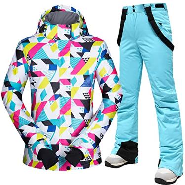 Imagem de Yajun Terno de esqui fashion feminino jaquetas e calças de inverno quentes à prova d'água -30 graus poliéster roupa de neve para acampamento de ciclismo ao ar livre, azul, G (busto: 108cm)