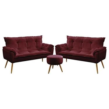 Imagem de Kit 2 Poltronas Namoradeiras Decorativas Estofadas Para Sala De Estar Beta e Puff Solar Sued Bordô Aradecor
