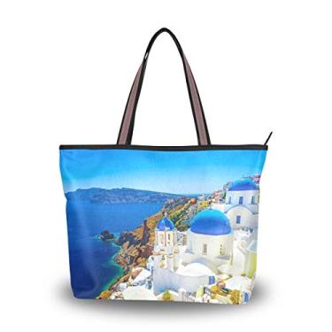Imagem de Bolsa feminina grande com estampa Grécia Santorini, bolsa de mão com zíper, bolsa de ombro para compras, bolsa de trabalho