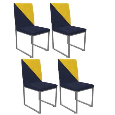 Imagem de Kit 04 Cadeira Stan Duo Sala De Jantar Ferro Cinza Suede Azul Marinho E Amarelo - Amey Decor