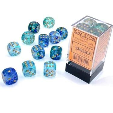 Imagem de Chessex Nebula 16 mm d6 Oceanic/Gold com bloco de dados luminário (12 dados), azul