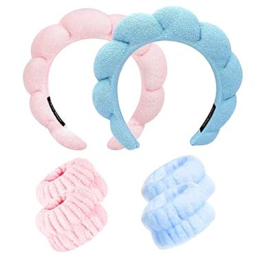 Imagem de Toalhas de pulso para spa com faixas de pulso, conjunto de elásticos para lavar o rosto, faixas para cuidados com a pele para mulheres tecido toalha felpuda esponja bufante faixa de cabelo facial pulseiras para remoção de maquiagem, chuveiro - 6 peças rosa + azul