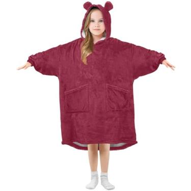 Imagem de CHIFIGNO Cobertor de moletom vermelho de cor sólida, cobertor de flanela com capuz, cobertor quente com capuz, cobertor confortável com capuz infantil, Vermelho, P