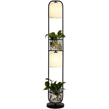 Imagem de Luminária Chão Luminária de pé com design de interruptor de pé com 2 abajures de linho, terrário de plantas hidropônicas, luminária de mastro alto de ferro Abajur Spot