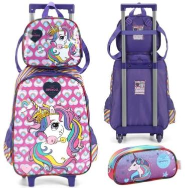 Imagem de Mochila Infantil Rodinhas Unicórnio Up4You com Lancheira Roxo e estojo Azul