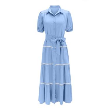 Imagem de Vestido feminino solto manga longa cor sólida vestido maxi camisa 2023 chiffon rodado vestido midi longo, B1 - Azul claro, GG