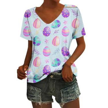 Imagem de PKDong Camisetas femininas de Páscoa, engraçadas, ovos fofos, estampa floral, Happy Easter Day, coelhinho, manga 2024, A03 Roxo, GG