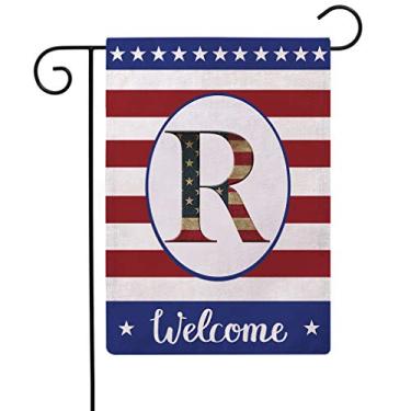 Imagem de Bandeira decorativa patriótica com letra inicial bandeiras de jardim com monograma R bandeira dupla face do dia da independência americana Bem-vindo bandeiras de jardim de serapilheira 30 × 45