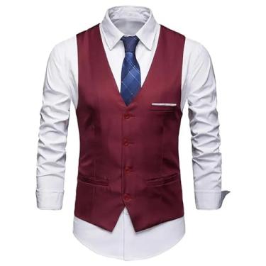 Imagem de Colete de terno formal macio slim fit masculino cor sólida colete de peito único colete streetwear, Vinho tinto, X-Large