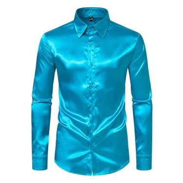 Imagem de Camisa masculina casual slim fit manga longa cetim botão cor sólida brilhante camisa boate, Azul, XXG