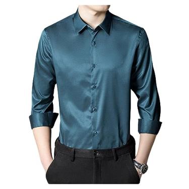 Imagem de Camisa social masculina elástica gola lapela manga longa camisa formal seda não passar a ferro, Cor 8, 4G