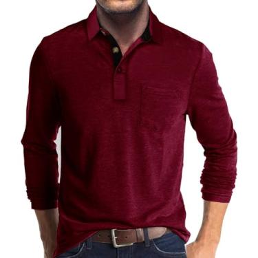 Imagem de BOKITECAO Camisas polo masculinas de manga comprida para golfe com bolso, Vinho tinto, XXG
