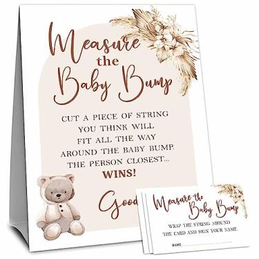 Imagem de Conjunto de jogo de chá de bebê Measure The Baby Bump - Arco de urso Boho - 1 placa autônoma e 50 ingressos - revelação de gênero, chá de bebê, atividade de anúncio de bebê e suprimentos de