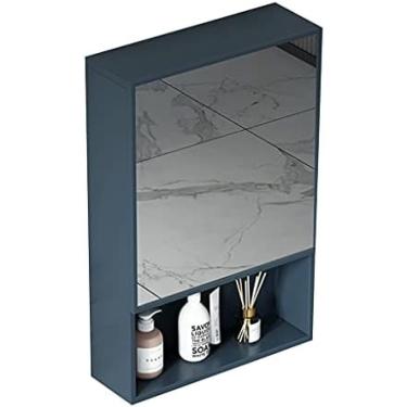 Imagem de Armário de espelho de alumínio espaço armário de armazenamento montado na parede armário de espelho de banheiro separado caixa de espelho de maquiagem, azul, 89 * 11 * 65cm