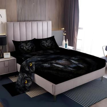 Imagem de Eojctoy Jogo de lençol Queen com tema de lobo preto, ultramacio, 100% microfibra - 40,6 cm com bolso profundo, respirável, confortável, conjunto de lençol - 4 peças de lençol