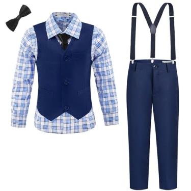 Imagem de Conjunto de roupas formais para meninos, smoking e calça xadrez, suspensórios, para meninos adolescentes, Conjunto de calça colete azul marinho, 12