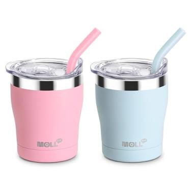 Imagem de Mollcity Copos infantis, copos infantis de 265 ml com tampas e canudos, copos de bico isolados de aço inoxidável, à prova de derramamento, livre de BPA rosa/azul bebê