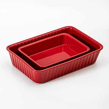 Imagem de Conjunto de 2 assadeiras de cerâmica, assadeiras retangulares, formas de lasanha para cozinhar, cozinha, bolo, jantar, banquete e uso diário, 30 x 20 cm e 23 x 15 cm de caçarola (vermelho)