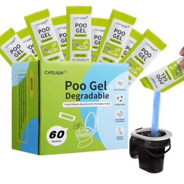Imagem de CHTSJQW Gel em pó absorvente de vaso sanitário, pacote com 60 unidades de gel de cocô para acampamento, gel ecológico absorvente, pó de urina para acampamento ao ar livre, caminhadas, gel de ação