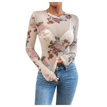 Imagem de OYOANGLE Camiseta feminina com estampa floral transparente, gola redonda, manga comprida, malha transparente, Damasco, PP