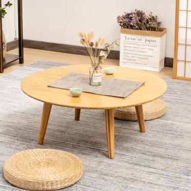 Imagem de Furlide Mesa de centro redonda pequena de bambu, mesa baixa de estilo japonês para sala de estar, mesa de centro circular de meados do século, mesas laterais de sofá de 60 cm para sentar no chão