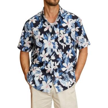 Imagem de Hardaddy Camisa masculina havaiana manga curta praia tropical casual abotoada, Azul marinho, GG
