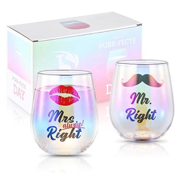 Imagem de SHENDONG Mr Right Mrs Always Right Taças de vinho para casal Taças de vinho Sr. Mrs Presentes para casal, noivado, casamento, chá de panela, presentes de Dia dos