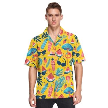 Imagem de Camisa masculina havaiana verão praia camisetas estampadas com botões casuais manga curta solta, Summer Beach Elements-1, XXG