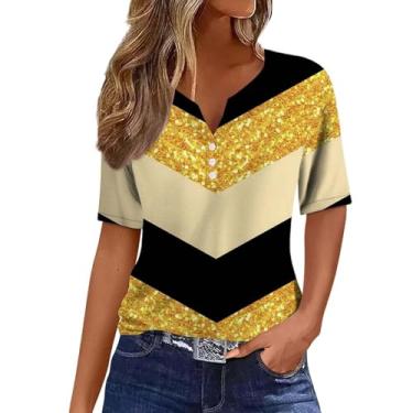 Imagem de Camisetas femininas de verão 2024 com gola V moderna e manga curta, estampa de patchwork, túnica solta, Amarelo, XXG