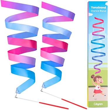 Imagem de Cikyner Fita de ginástica, pacote com 2 bandas coloridas de ginástica com bastão, faixa de dança infantil arco-íris para escola e jogos em casa, ideal para meninas na festa de aniversário infantil ou