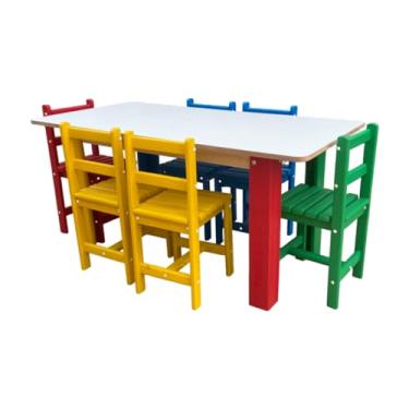 Imagem de Mesa Mesinha Infantil De Madeira MDF Colorida Camaleão Conjunto 6 Cadeiras