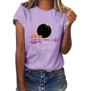 Imagem de Nagub Camiseta feminina Eclipse solar manga curta plus size camisetas gola redonda camisetas casuais verão 2024 moda, Z - Camisetas Eclipse Solar 2024 - 1-roxo, G