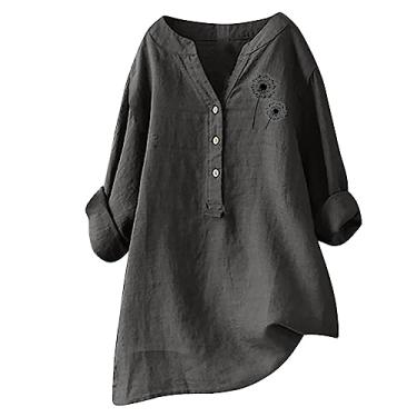 Imagem de Blusa feminina de algodão e linho, plus size, botão, gola V, manga comprida, estampada, casual, solta, leve, túnica moderna, Cinza escuro, M