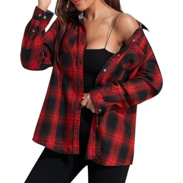 Imagem de Camisetas xadrez de flanela para mulheres, xadrez, manga comprida, casual, abotoada, blusa com bolsos, Vermelho, GG