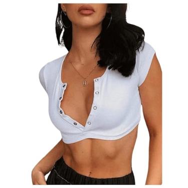 Imagem de GORGLITTER Camiseta feminina cropped de meio botão, manga curta, gola canoa, malha canelada, Branco, M