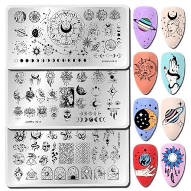Imagem de JUNPU Placa de estampagem de unhas de lua estrelada, 3 peças, design de noite estrelada, kit de placas de carimbo de unha de cobra punk, flores, sol, geométrico, estampagem, estêncil, para arte em