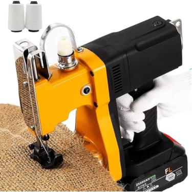 Imagem de Máquina de costura elétrica sem fio para fechar sacolas, máquina costuradora de sacolas portátil, concha de alumínio com 2 peças de linha de costura/bateria de 2600mAh, tangente dupla manual