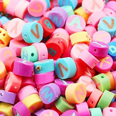 Imagem de 100 peças de contas de argila para pulseiras, kit de fabricação de joias, 8 mm bonito estética feita à mão argila polímero alfabeto contas de letras para artesanato colar DIY com pulseira transparente de 0,8 mm cordão de contas elástico 10 m/rolo